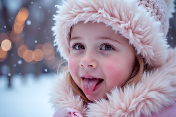 A little girl in a winter outfit playfully sticks out her tongue against a backdrop of falling snow, emphasizing her adorable smile.