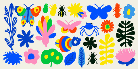 Vibrant Colorful Nature Abstract Shapes Butterflies, Flowers, Insects, and Plants Illustration