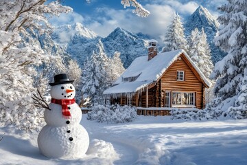 Obraz premium Snowman Building in Winter Forest with Wooden House and Snowy Landscape