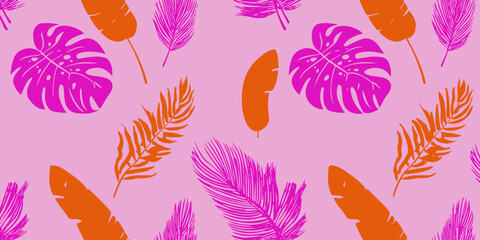 Obraz premium Vibrant Neon Tropical Seamless Pattern Pink and Orange Leaves Design