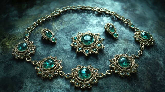 Emerald necklace with matching earrings arranged neatly on a dark background with highlights