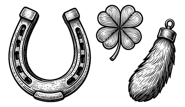 Vintage engraving style illustration with horseshoe, clover and rabbit tail