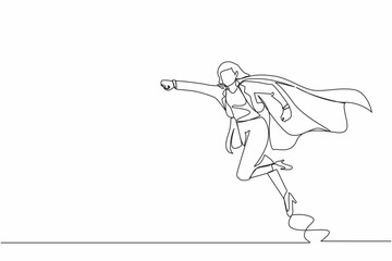 Single one line drawing super businesswoman punches pose, employee superhero flying, business concept power, success and overcome difficulties. Continuous line draw design graphic vector illustration © Simple Line