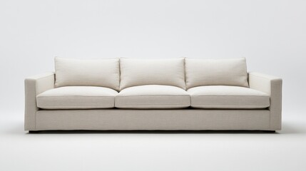 Minimalist living space featuring a light fabric modern sofa with clean lines and low profile