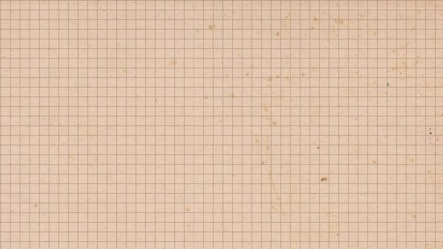 Vintage paper texture with checkered grid 4K stop motion video. Aged old page overlay background animation. Notebook page sheet template backdrop. Kraft paper texture with stains animated backdrop