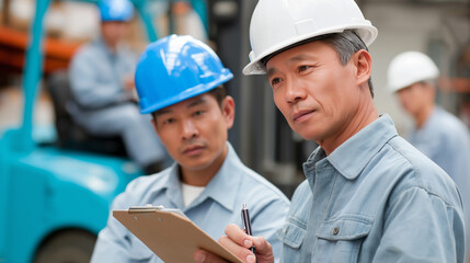 Warehouse workers engage in a discussion about logistics solutions, reviewing plans and strategies for improving workflow and operational efficiency among team members