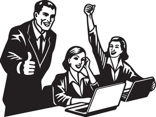 Business team of diverse men and women in suits collaborating with laptops in the office, symbolizing successful teamwork and communication