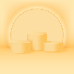 Abstract cylindrical 3D podiums, With neon glowing background in beige, cream tones, for product demonstration