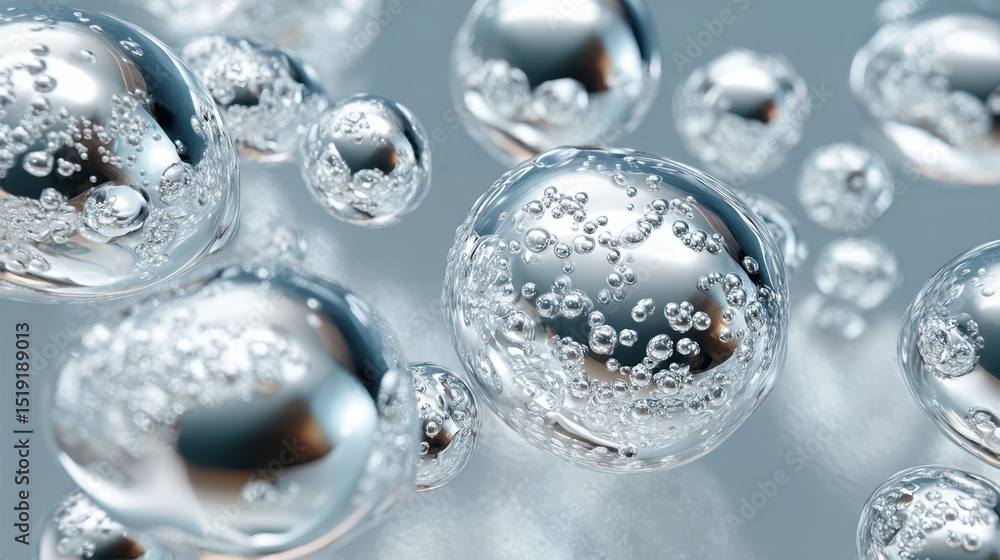 Poster translucent soap bubbles clustering, reflecting soft light, varying in size and containing nested sm