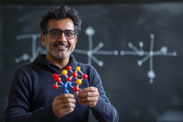South Asian Educator Holding Molecule in Front of Board.png