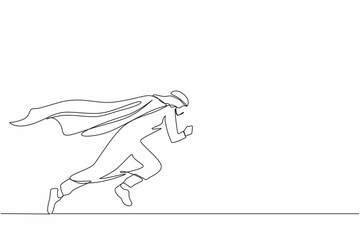 Single one line drawing super Arabian businessman running fast. Business superhero rushing on duty, business concept goal, achievement, success. Continuous line draw design graphic vector illustration