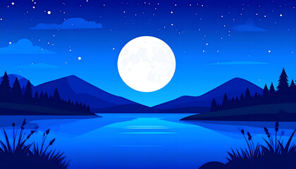 Serene Night Landscape: Full Moon over Lake and Mountains, Vector Illustration