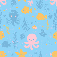 Adorable Ocean Life Seamless Pattern Cute Octopus, Fish, and Seaweed Illustration