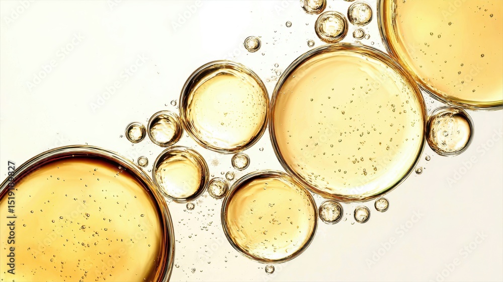 Poster golden bubbles varying in size floating against white background, reflecting light with dynamic abst