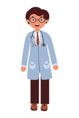 Fototapeta premium Doctor character in lab coat and stethoscope ready to help patients in medical facility. Flat style vector illustration.