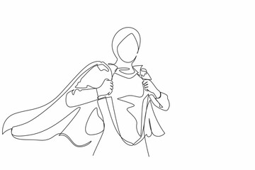 Continuous one line drawing beautiful young female in business hijab wearing shirt. Successful Arabian businesswoman. Hero, ripping off her shirt. Single line draw design vector graphic illustration
