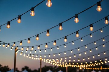 String lights illuminate the evening sky creating a festive atmosphere outdoors