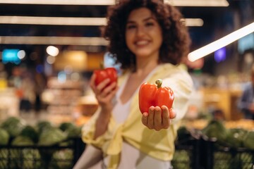 Fototapeta premium Pepper in hands. Gorgeous woman is in the grocery store