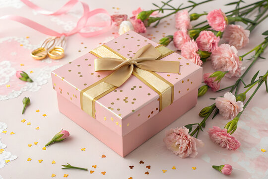 Gift box and pink flower arrangement present