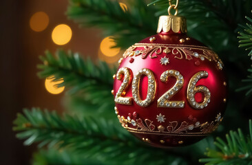 New Year's decoration in the form of a red ball with the numbers 2026 hanging on a Christmas tree branch against the background of a twinkling garland