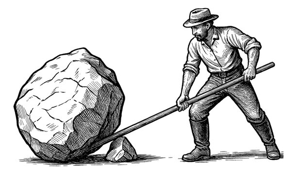 Illustration of a man using a lever to move a large rock, engraving style