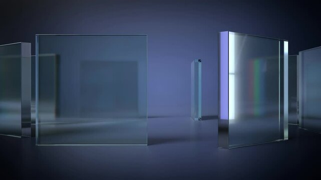 Rotating glass rectangles on blue background - 3D 4k animation (3840x2160px)