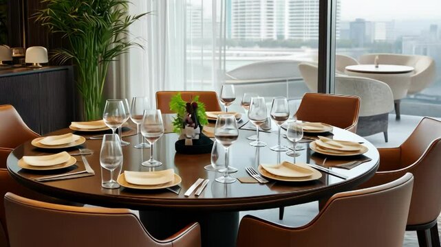 Elegant dining room with brown leather chairs around a round table set for service with plates and glasses in a restaurant with a view, hotel interior.