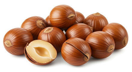 Obraz premium A close up shot of a pile of hazelnuts with one hazelnut cut in half on a white background surface