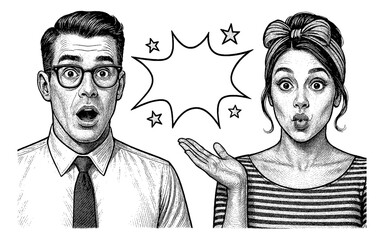 Surprised man and woman with speech bubble in vintage engraved illustration art style design