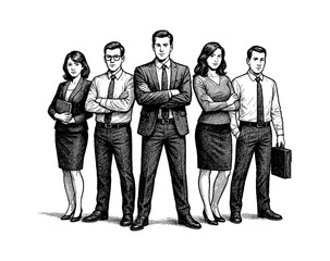 Group of diverse business people standing confidently with arms crossed in black and white drawing