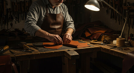 A craftsman working with leather on a workbench under a lamp in a dimly lit workshop setting indoors