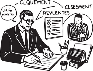 Businesspeople in suits collaborate at an office desk, reviewing a contract document