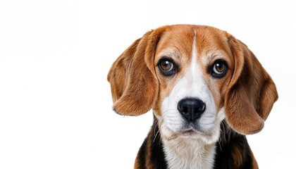 Adorable Beagle Listening Intently on a White Background, Showcasing Big Ears and Expressive Features with an Aura of Friendly Serenity