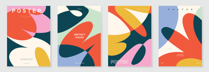 Colorful pop poster background vector set. Minimalist cover template with geometric shape. Ideal design for social media, banner, summer season card.