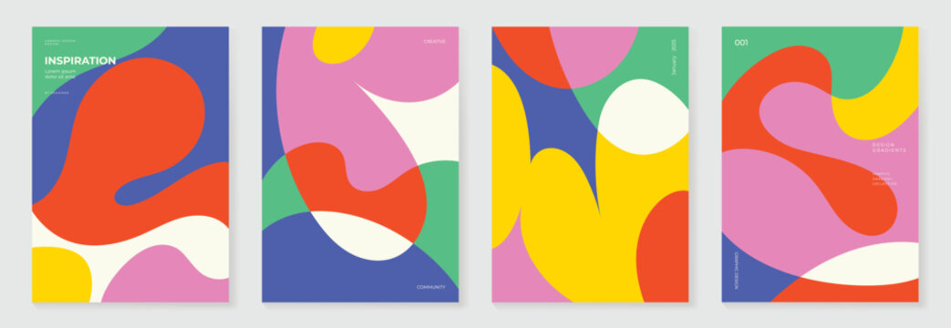 Fototapeta Colorful pop poster background vector set. Minimalist cover template with geometric shape. Ideal design for social media, banner, summer season card.