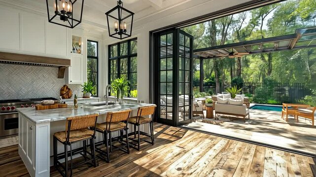 Spacious farmhouse kitchen with outdoor patio views