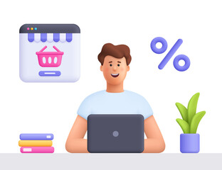 Young smiling man James buy on online store marketplace, using laptop. Online shopping, home delivery, e-commerce, discount and sales concept. 3d vector people character. Cartoon minimal style.