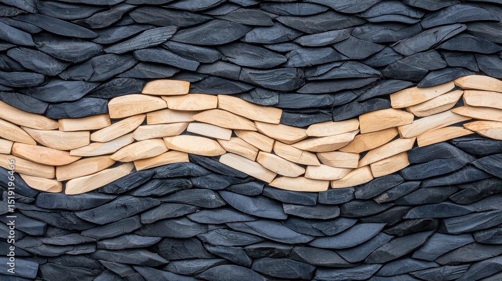 Poster a decorative stone wall features dark and light stacked stones in a wavy, artistic pattern.