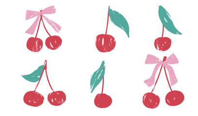 Cherry crayon drawn set. Coquette berries with bows and leaves doodle isolated on white background. Fruits grunge textured elements. Vector kid naive illustration by pencil.