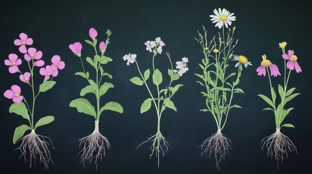 infographic comparing monocots and dicots, highlighting differences in leaves, roots, stems, and flower structure