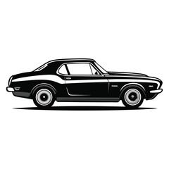 Sleek black sports car, a luxury vehicle, isolated on white, showcasing classic design and shiny metal wheels