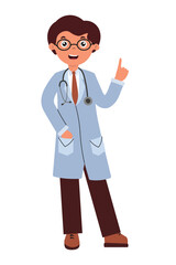 Fototapeta premium Cartoon character of a doctor in a lab coat gesturing as if providing advice or information. Flat style vector illustration.