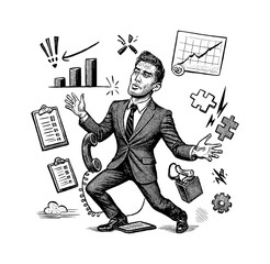 Stressed businessman in suit overwhelmed by business tasks and information overload sketch art