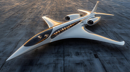 Futuristic aircraft gleams on concrete expanse