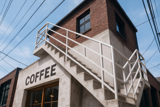 Urban coffee shop facade: external concrete staircase, white metal railing, red brick upper, bold "COFFEE" sign. Modern industrial style under blue sky.