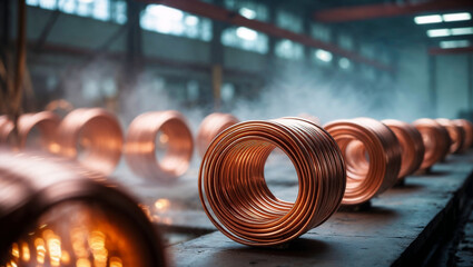 Industrial production of copper wire at the plant. Copper Bay