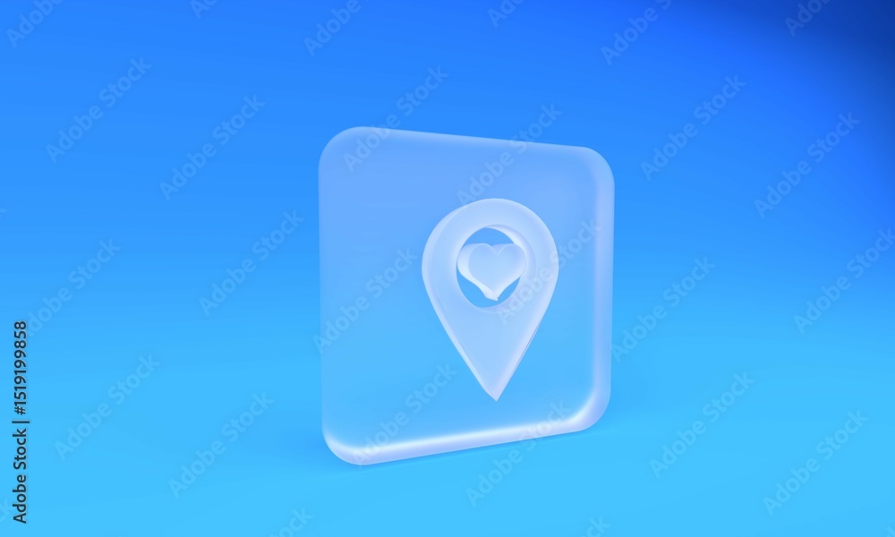 Poster frosted glass map pointer with heart icon isolated on blue background. square frosted glass button. 