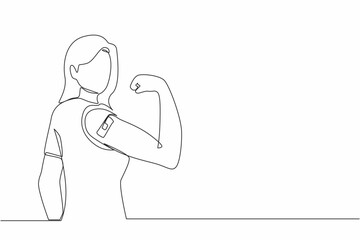 Single one line drawing young woman wearing protective mask showing her arm with bandage after receiving covid-19 vaccine. Vaccination, fight against coronavirus. Continuous line design graphic vector