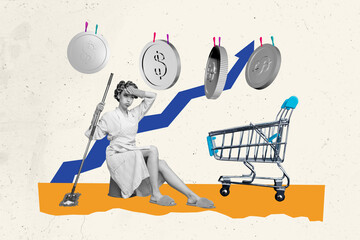 Trend artwork poster composite sketch collage of housewife retro style sit tired arrow growth coins...