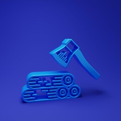Blue Wooden axe and wood icon isolated on blue background. Lumberjack axe. Minimalism concept. 3D render illustration
